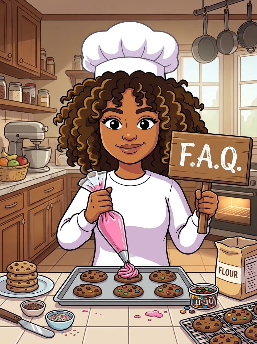 ZeeZee holding an FAQ sign while piping frosting onto cookies