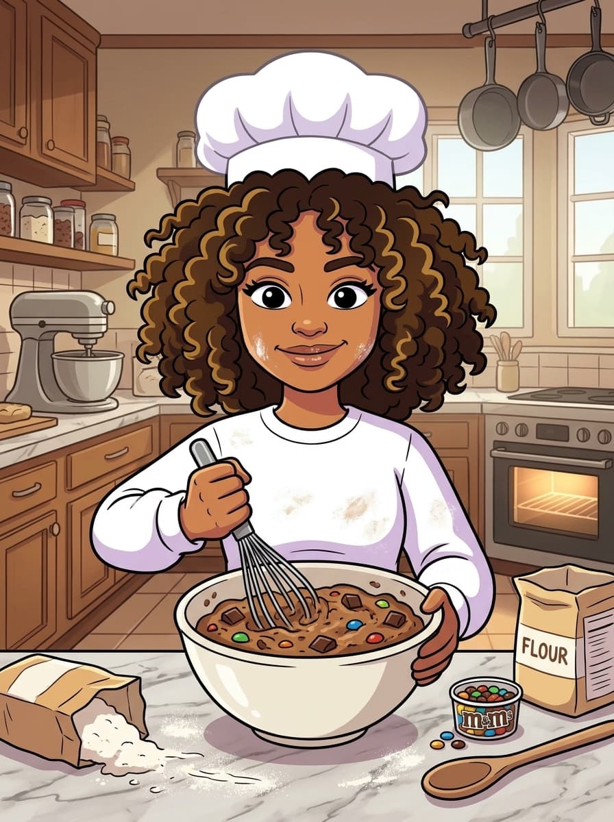 ZeeZee mixing cookie dough in the kitchen